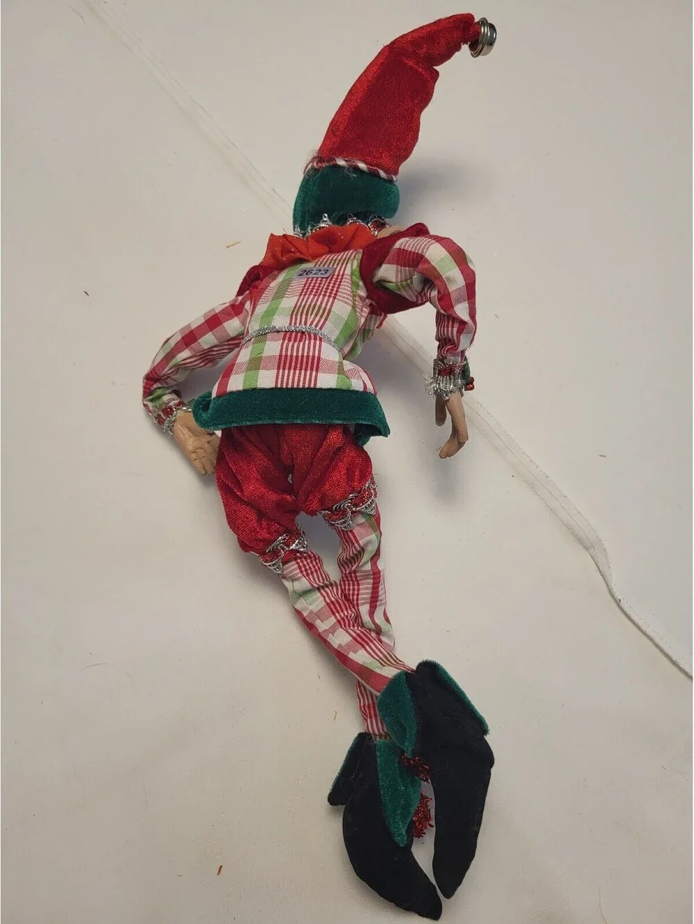 Vintage Christmas Elf Figurine with Plaid Outfit and Velvet Accents 17.5x16